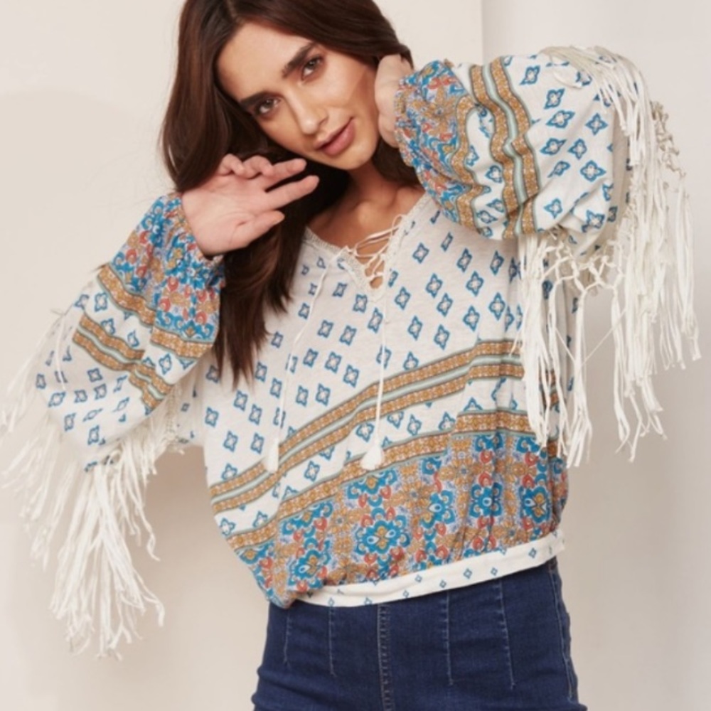 Free People NWT fringe boho peasant long sleeve